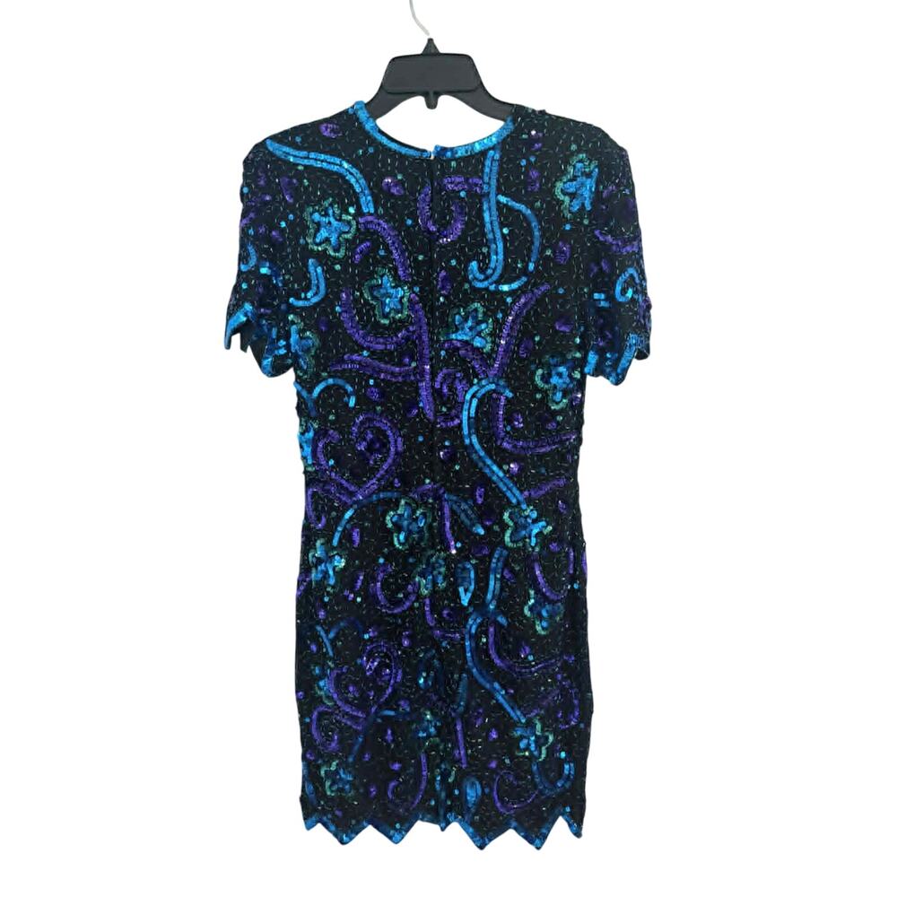 Vintage Night Vogue Sequin Beaded Dress Blue Purple Cocktail 1980s Size M SILK - Picture 4 of 5